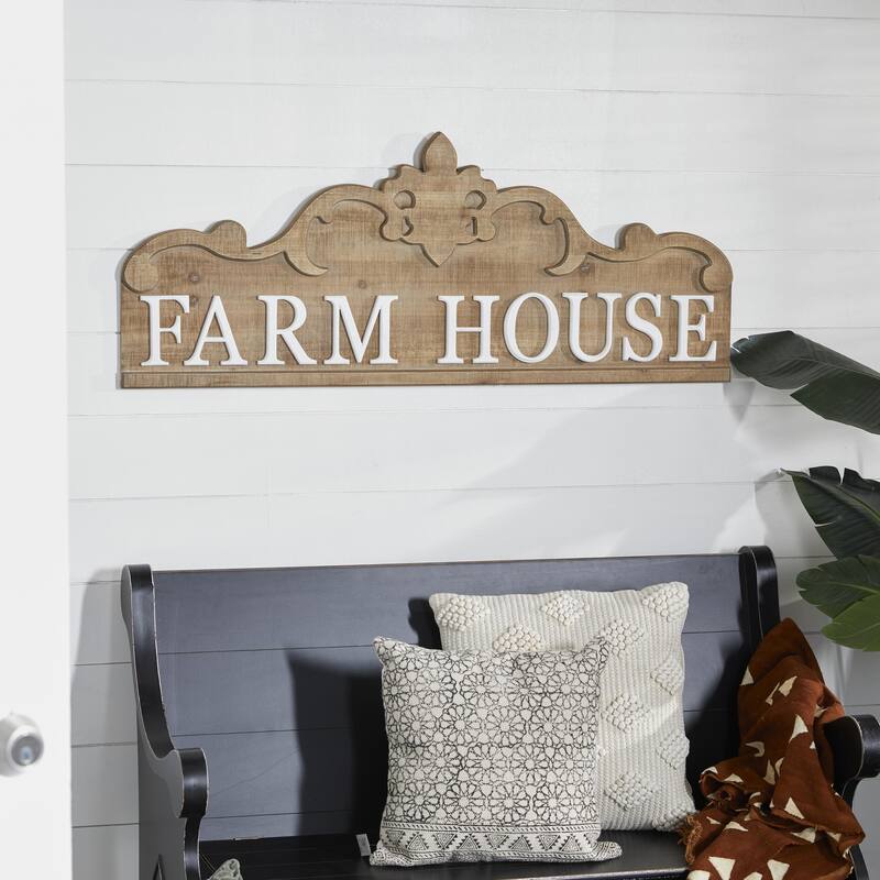 Wood Sign Farm House Wall Decor with Carved Acanthus - Brown - Roche River Decor