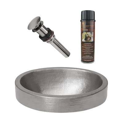 18" Oval Skirted Vessel Hammered Copper Sink in Nickel, Matching Drain and Accessories