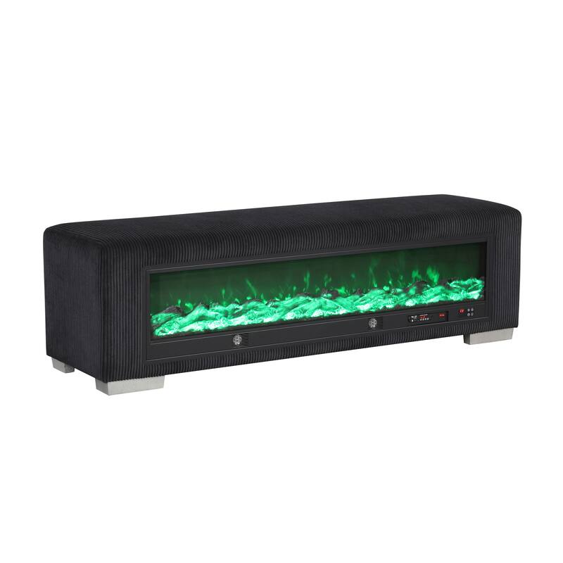 Furniture of America Goffney Chenille Bench with Fireplace Simulator and Bluetooth Audio