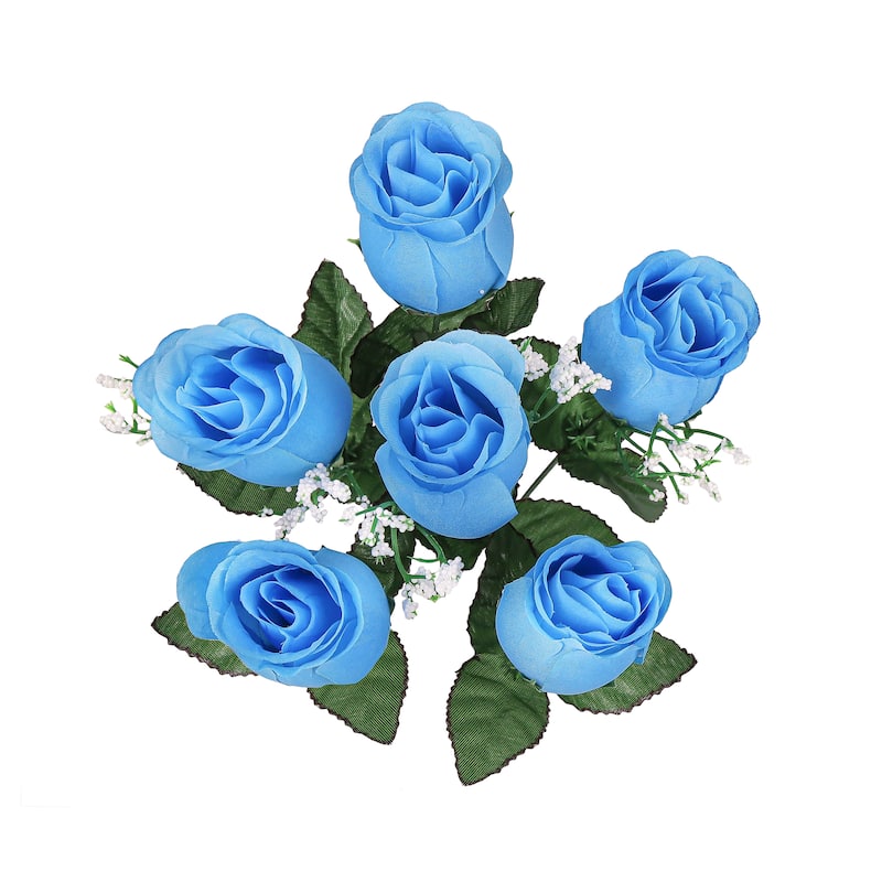 Set of 12 Blue Artificial Rose Bud Flower Stem Bush Bouquet 14in - 14" L x 6" W x 6" DP