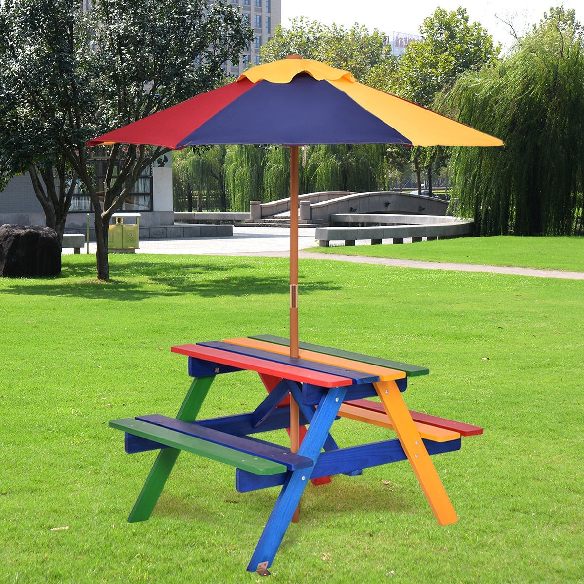 4 Seat Kids Picnic Table w//Umbrella Garden Yard Folding Children Bench Outdoor