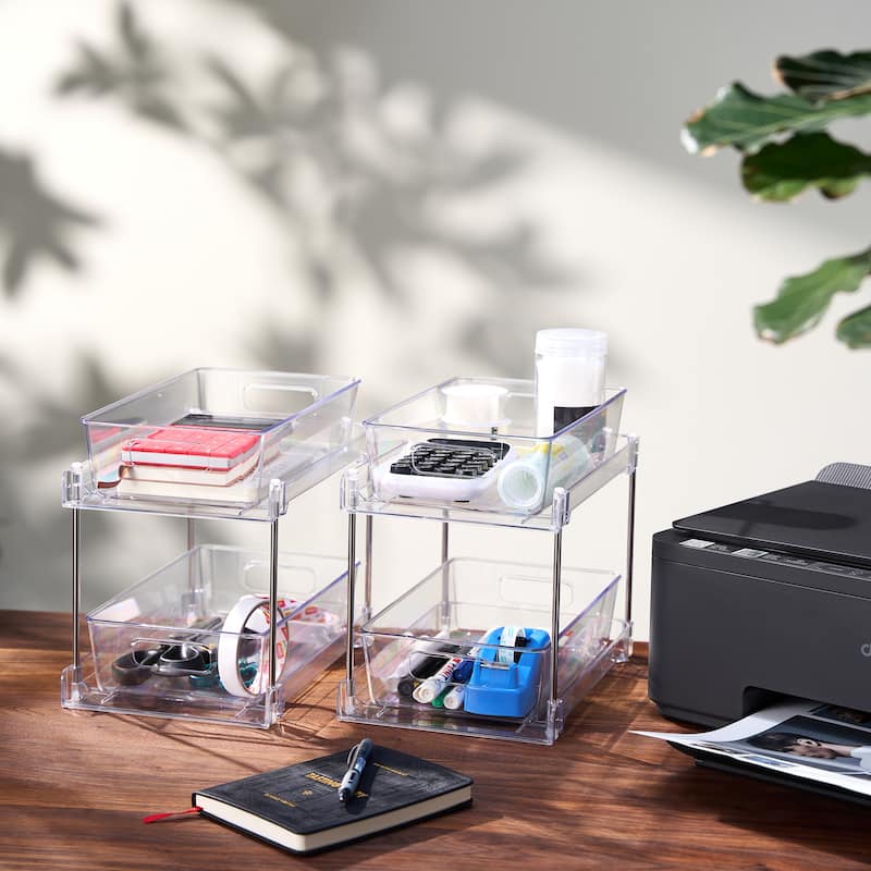 Sorbus 2-Tier Pull-Out Office Organizers, 2 Pack Clear Desk & Office Supply Storage Drawers, Office Organization Bins