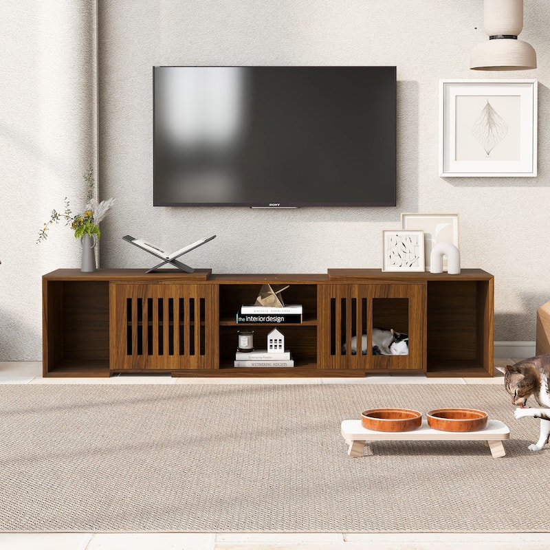 Anmytek Extendable TV Stand with Cat Cave Pet Friendly Media Console Adjustable Wooden Modern Living Room Storage
