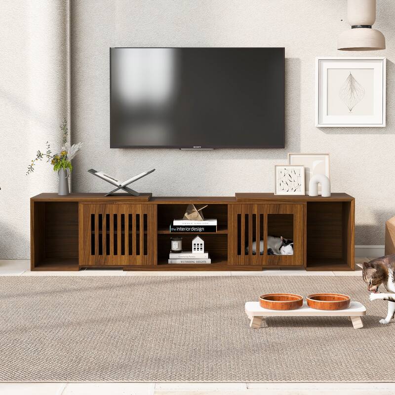TV Stand with Slatted Doors, Cat-Friendly Private Compartments, Wood Media Console with Adjustable Length