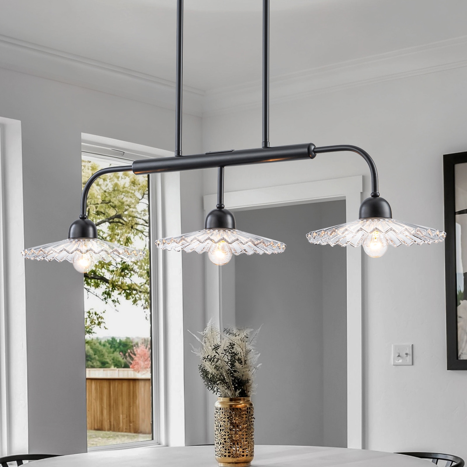 3-Light Black Linear Pendant Light with Pleated Clear Glass Shades - Dia.35.43-in