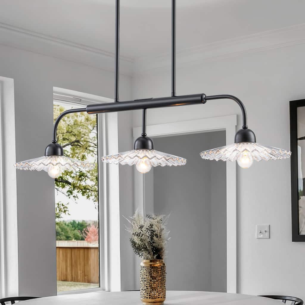 3-Light Black Linear Pendant Light with Pleated Clear Glass Shades - Dia.35.43-in