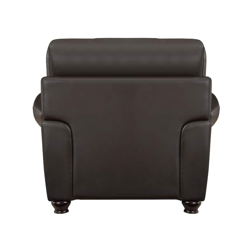 Kia 37 Inch Accent Chair, Dark Brown Top Grain and Faux Leather, Solid Wood