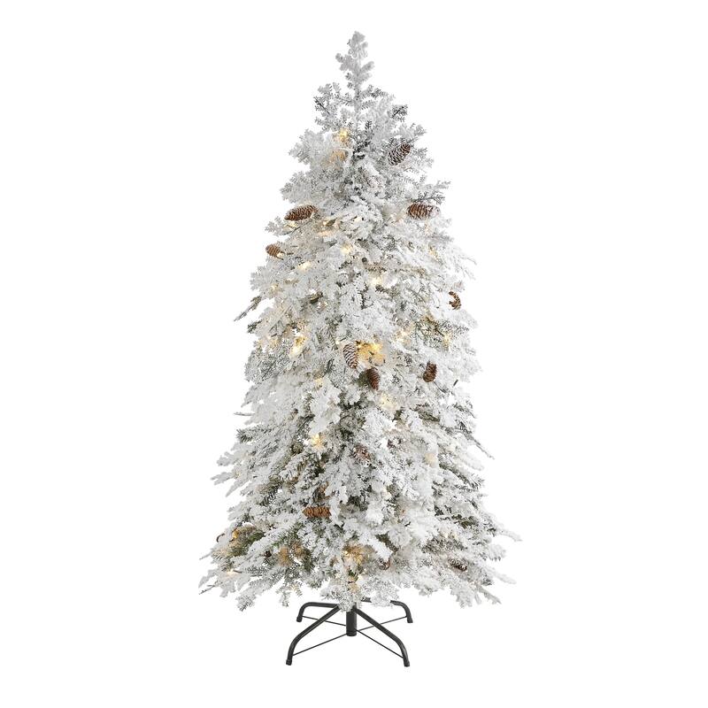 5' Montana Spruce Flocked Artificial Christmas Tree, Clear LED Lights - 5 Foot