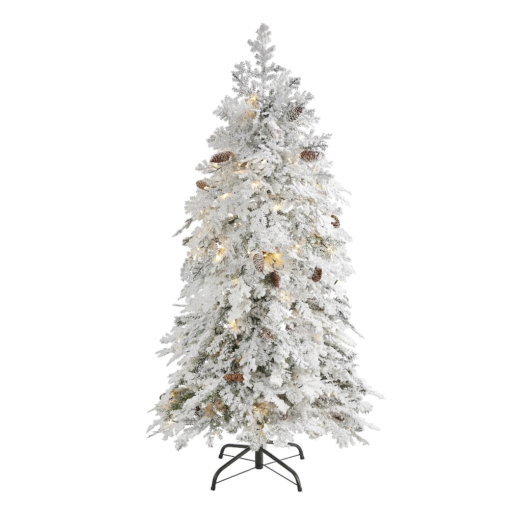 5' Montana Spruce Flocked Artificial Christmas Tree, Clear LED Lights - 5 Foot