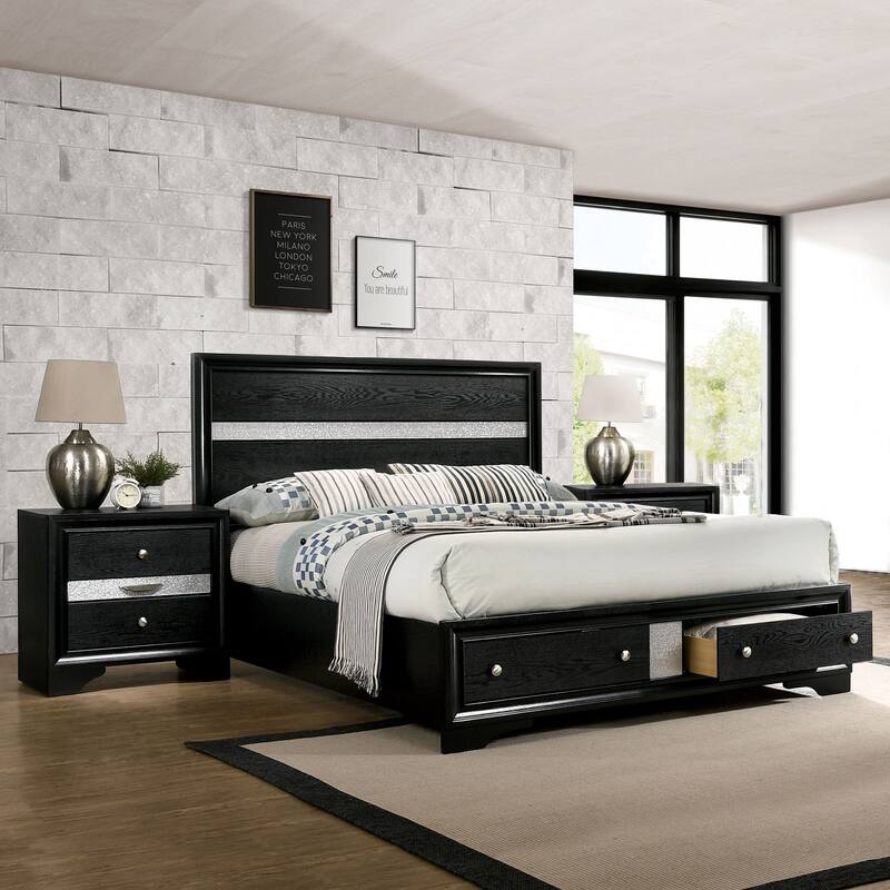 Manzini Contemporary Black Solid Wood Storage 3-Piece Platform Bedroom Set by Furniture of America - Queen