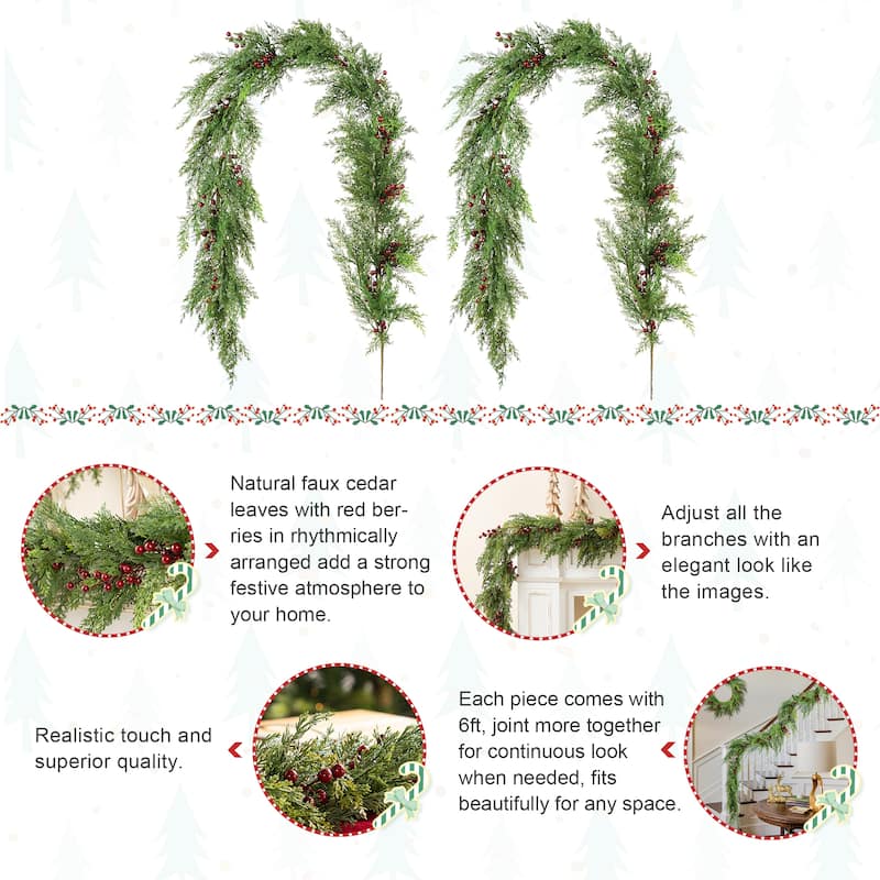 Glizthome 6FT/9FT Christmas Greenery PE Dripping Cedar Garland & 24"D Wreath with Red Berries