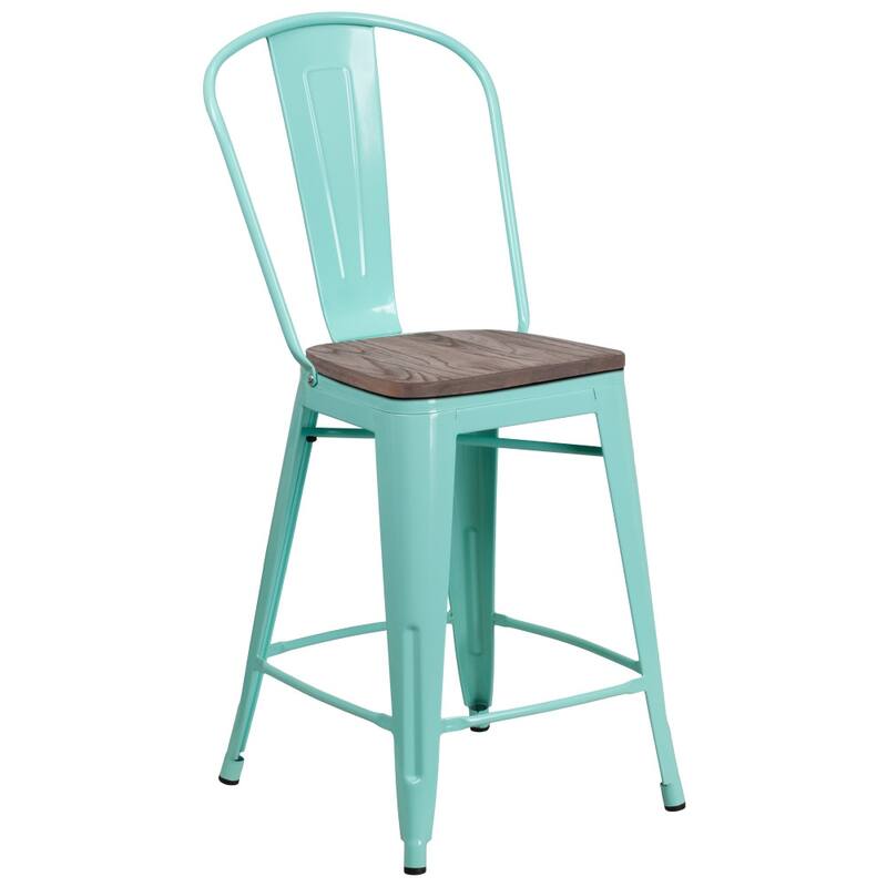 24" High Metal Counter Height Stool with Back and Wood Seat - 17.75"W x 22"D x 40.25"H - 17.75"W x 22"D x 40.25"H
