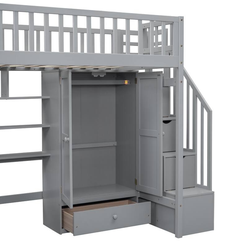 Twin Size Loft Bed with Built-in Desk and Wardrobe, Solid Wood Stairway Loftbed Frame with Bookshelf & Drawers for Kids/Bedroom