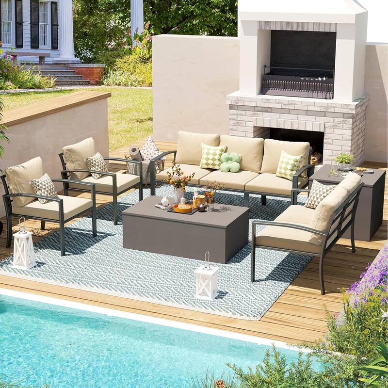 AECOJOY Metal Patio Furniture Set 7 Pieces Modern Outdoor Conversation Set - 7 Pieces with Storage Box - Beige