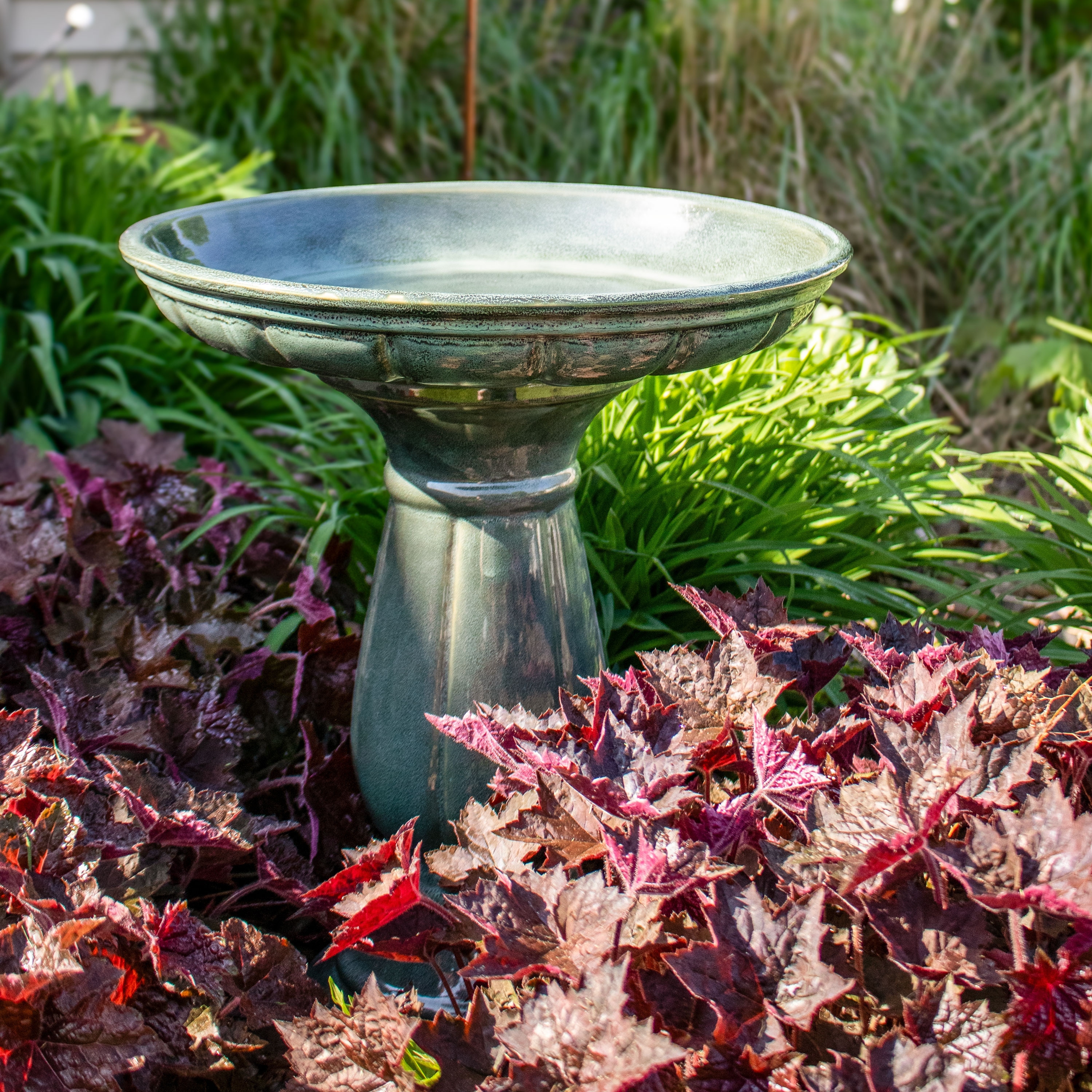 Avignon Glazed Outdoor Ceramic Bird Bath - Green Mist - 18.75" H