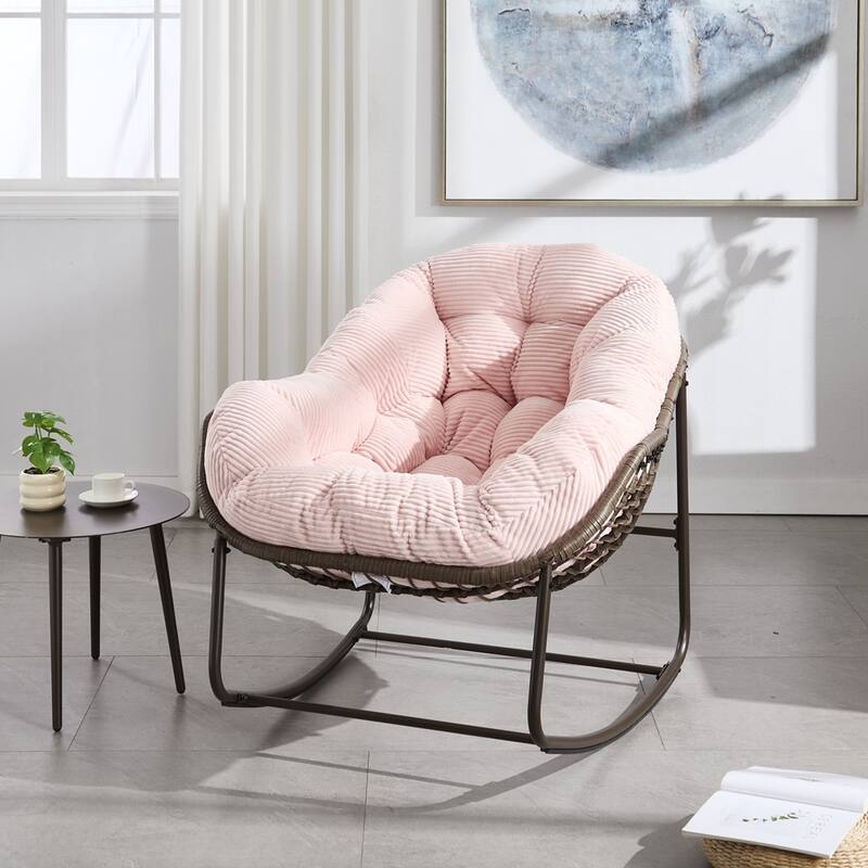 Rocker Recliner Chair Rattan Rocking Chair with Padded Cushion - Pink&Velvet