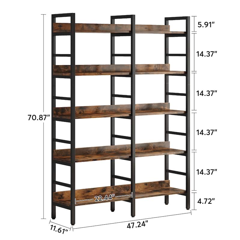 5-Tier Industrial Bookshelf, 71"H x 47"W Etagere Bookcase Free Standing Wide Book Shelf, Rustic Brown