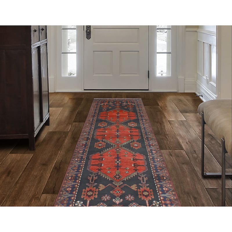Noori Rug Fine Vintage Distressed Sanaz Red/Charcoal Runner - 3'4" x 9'8"