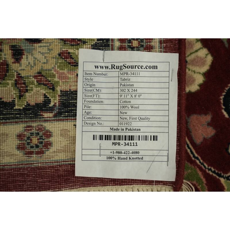Hand Knotted Oriental 100% Wool Carpet Traditional All-Over Red Tabriz Area Rug - 9' 11'' X 8' 0''