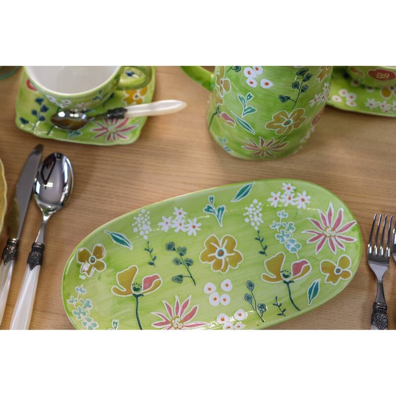 Euro Ceramica Primavera Handpainted Stoneware Oval Tray - 12.6 in. x 6.1 in. x 1.18 in.