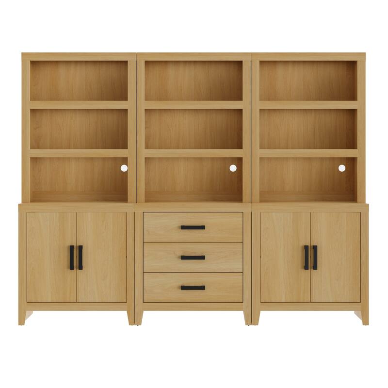 WAMPAT 74" 3-Piece Tall Bookshelf, Farmhouse Bookcase with Doors & Drawers for Living Room & Office