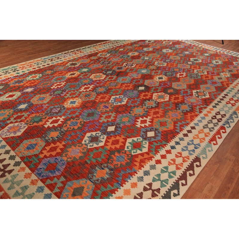 All-Over Geometric Kilim Oriental Large Rug Hand-Woven Wool Carpet - 10'0" x 16'2"