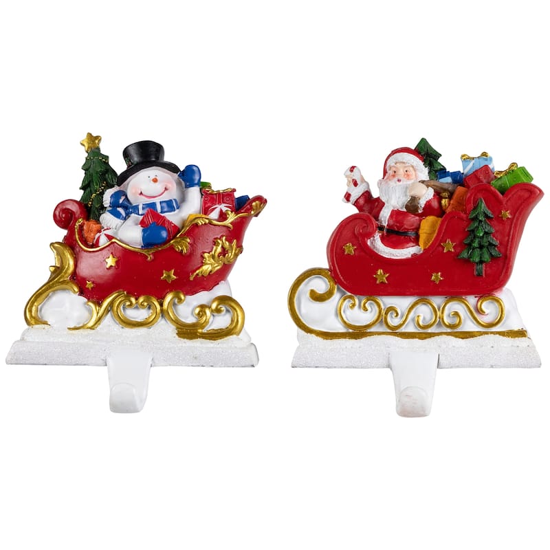 Santa and Snowman Sleigh Ride Christmas Stocking Holders - 4.25" - Set of 2 - 4"