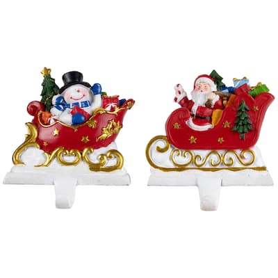Santa and Snowman Sleigh Ride Christmas Stocking Holders - 4.25" - Set of 2 - 4"