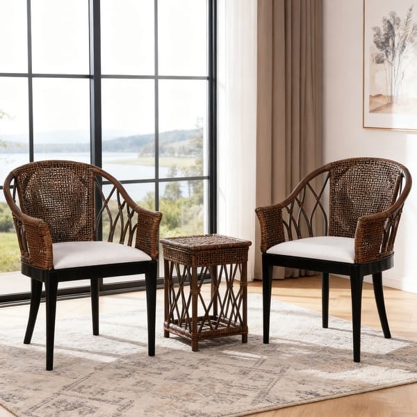 slide 2 of 9, Bohemian 18" Seat W Rattan Barrel Arm chair with Upholstered Seat Accent Chair Set of 2 - Brown Blackwash-Black