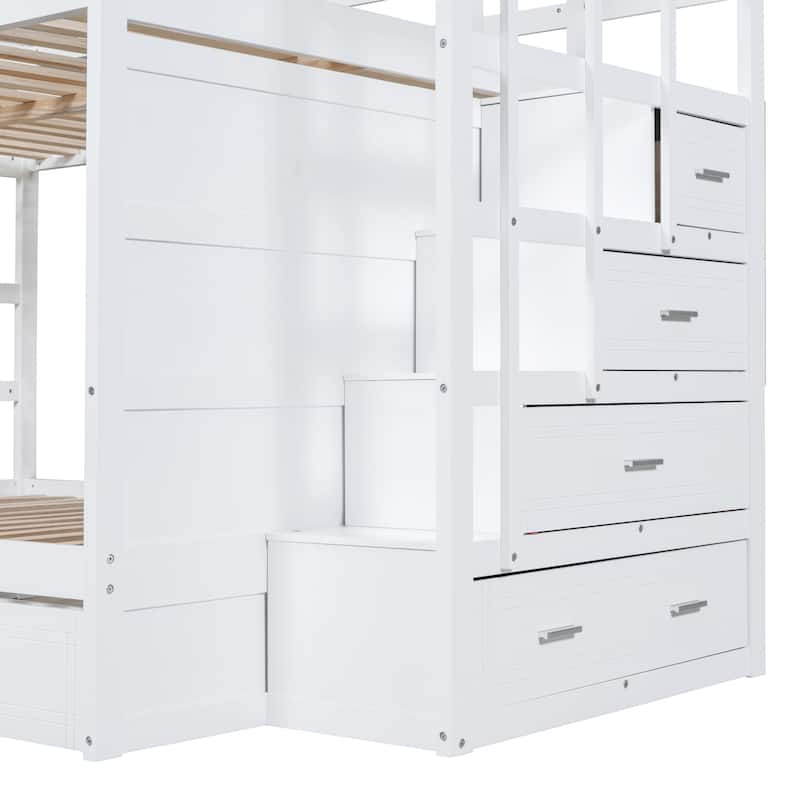 Twin/Full Size Bunk Bed with Trundle Bed and Storage Staircase, Solid Pinewood Bunk Bed Frame with Safety Guardrail
