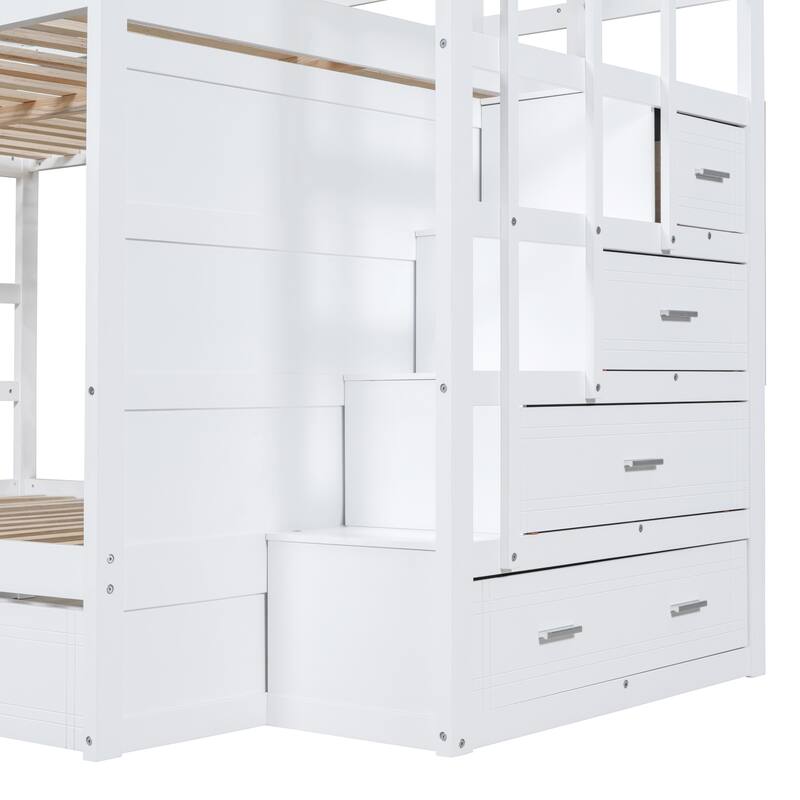 Wooden Full Over Full Bunk Bed Frame with Trundle, Side Storage Drawers, Staircase and Safety Guardrails, Space-Saving Design
