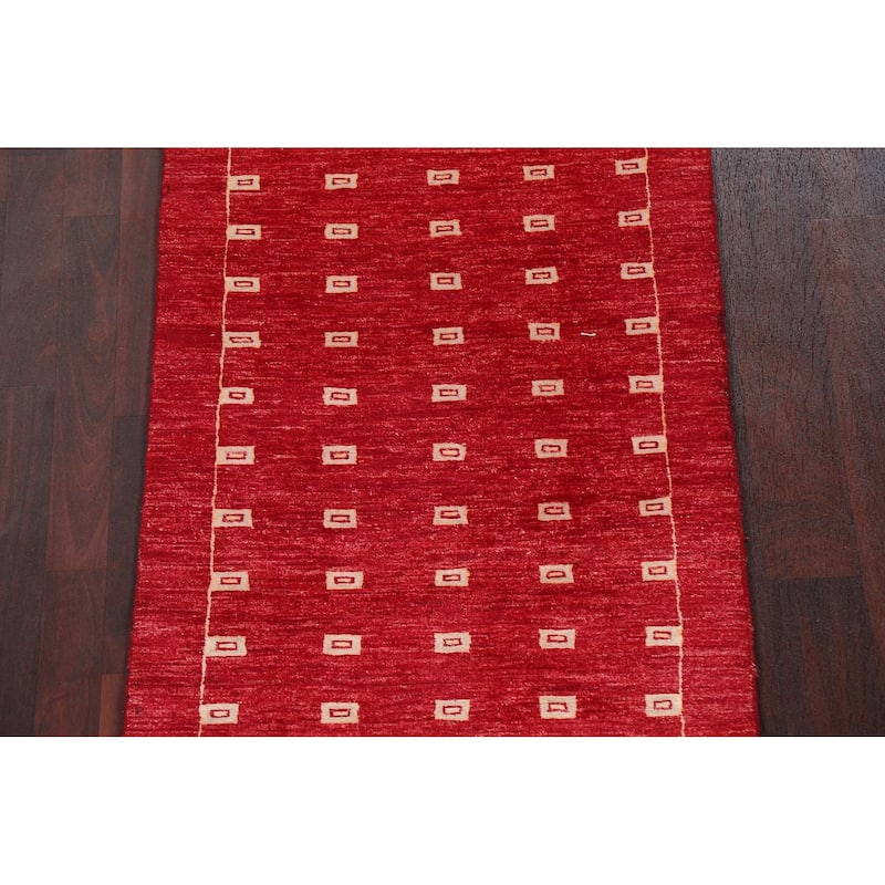 Red Gabbeh Kashkoli Oriental Wool Runner Rug Handmade Staircase Carpet - 2'9" x 10'1"