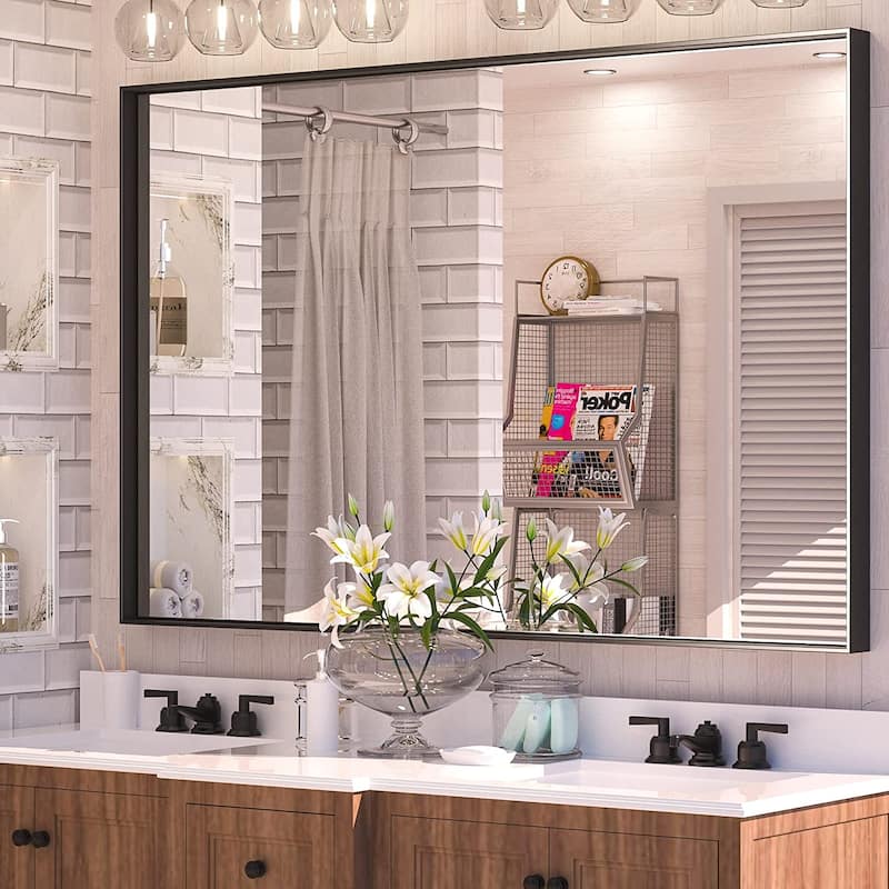 KEONJINN Modern Metal Framed Bathroom Vanity Wall Mounted Mirror - 55x36 - Black