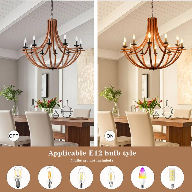 Vintage Farmhouse Chandelier Candle Style Wooden Chandelier Pendant Light Adjustable Height Rustic Hanging Light 