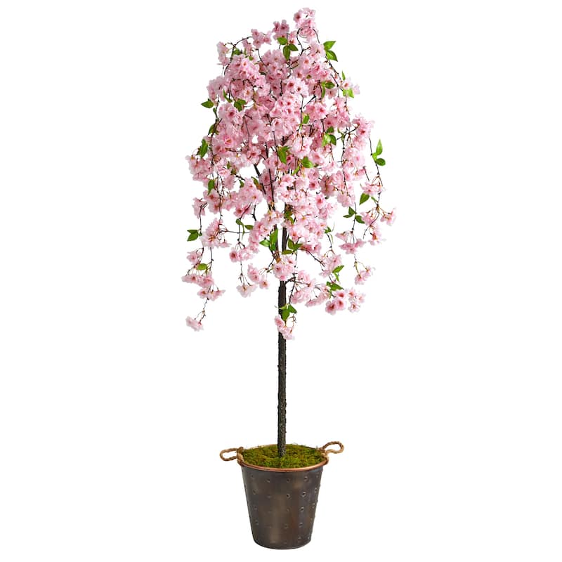 6' Cherry Blossom Artificial Tree in Decorative Metal Pail with Rope - 12"