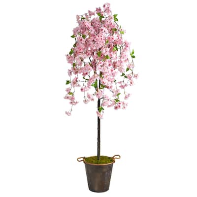 6' Cherry Blossom Artificial Tree in Decorative Metal Pail with Rope - 12"
