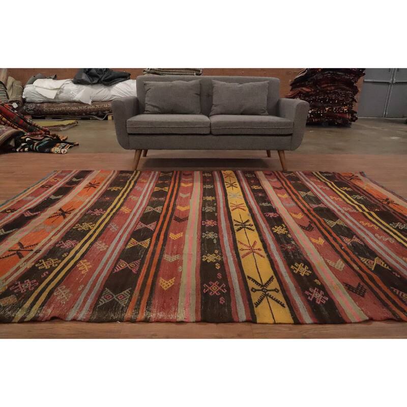 Hand Woven Oriental 100% Wool Carpet Southwestern Tribal Oranges & Rust Kilim Area Rug - 8' 9'' X 6' 3''