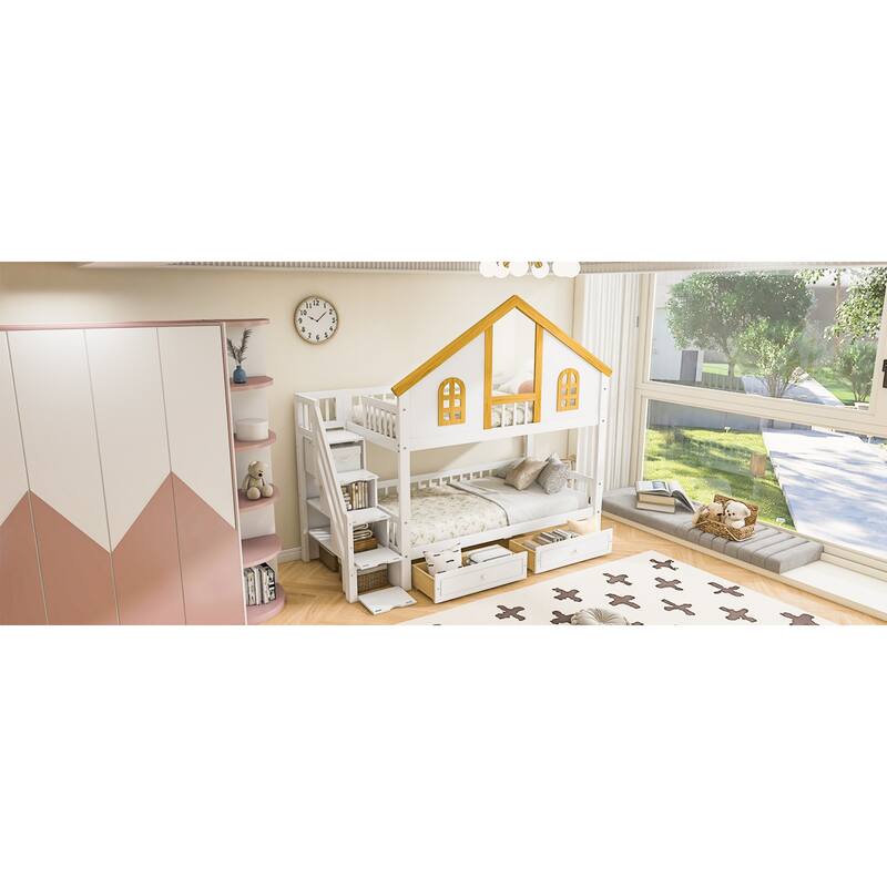 Roomfitters Twin Over Twin/Full Over Full House Bunk Bed with Window, Roof and Storage Staircase, White and Natural