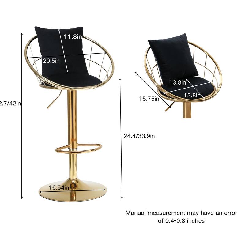 Set of 2 Velvet Bar Chair with Gold Plated Adjustable Height and 360 Degree Rotation