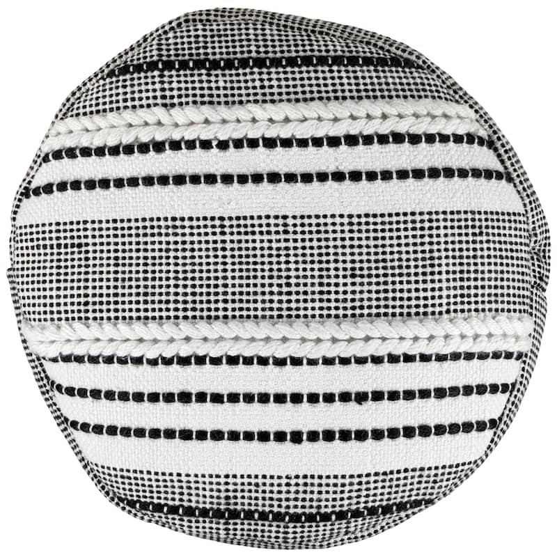 18" White and Black Striped Outdoor Woven Pouf Ottoman