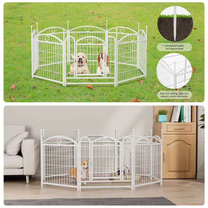 24" Dog Pen 8 Panel Dog Playpen Indoor Outdoor Metal Puppy Pet Fence Portable Folding Animal Exercise Fence - White