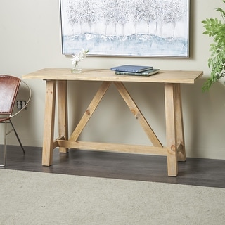 Light Brown Wood Living Room Console Table with Flared Legs and Crossed Beams
