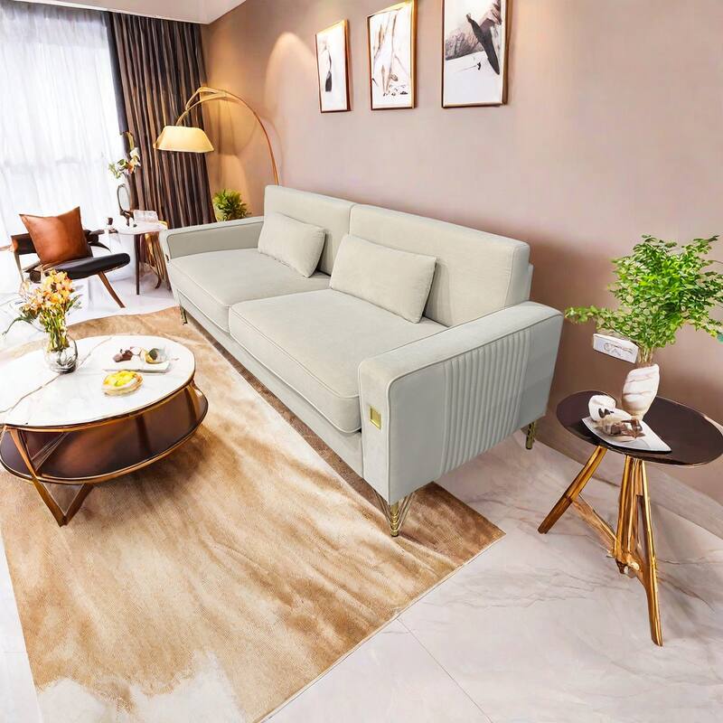 Modern 85.63" Velvet 3-seater Sofa with Gold Accents and Plush Cushions for Living Room