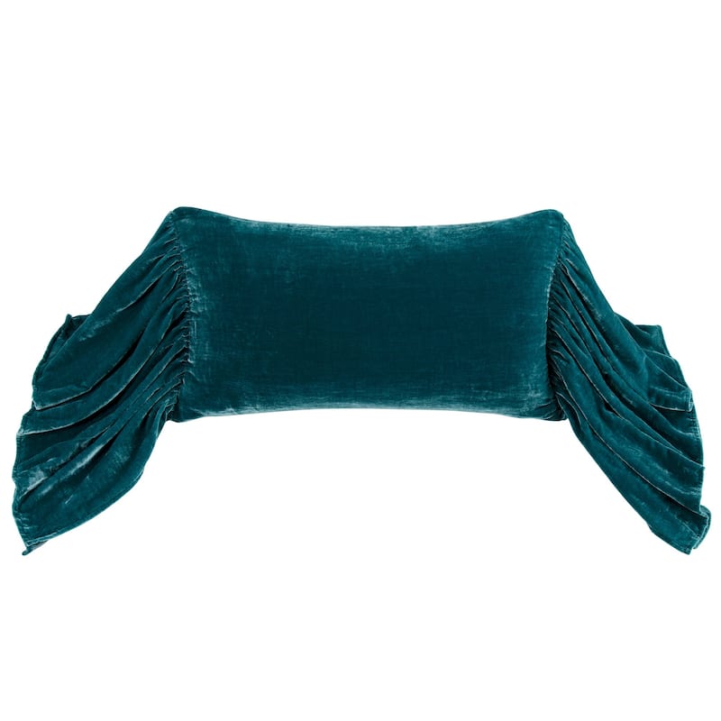 HiEnd Accents Stella Faux Silk Velvet Romantic Western Long Ruffled Decorative Throw Pillow, 14"x26" - Teal