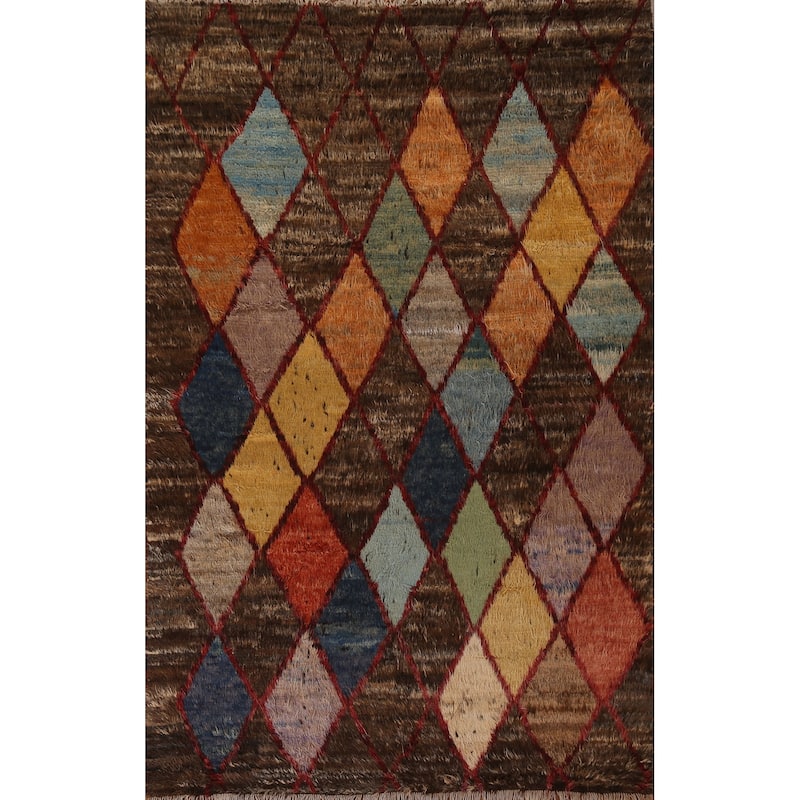 Hand Knotted Oriental 100% Wool Carpet Tribal Trellis Brown Moroccan Area Rug - 9' 4'' X 6' 11''