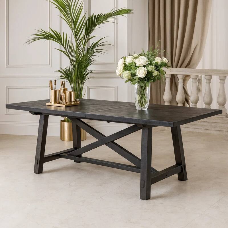 Wooden Rectangular Table with Crossed Planked Bulky Legs and Exposed Bolts , Brown