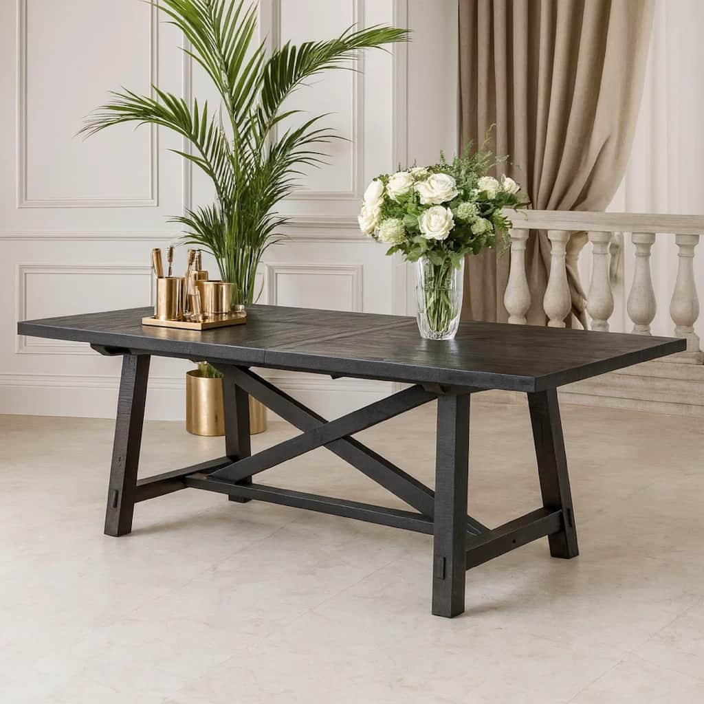 Wooden Rectangular Table with Crossed Planked Bulky Legs and Exposed Bolts , Brown