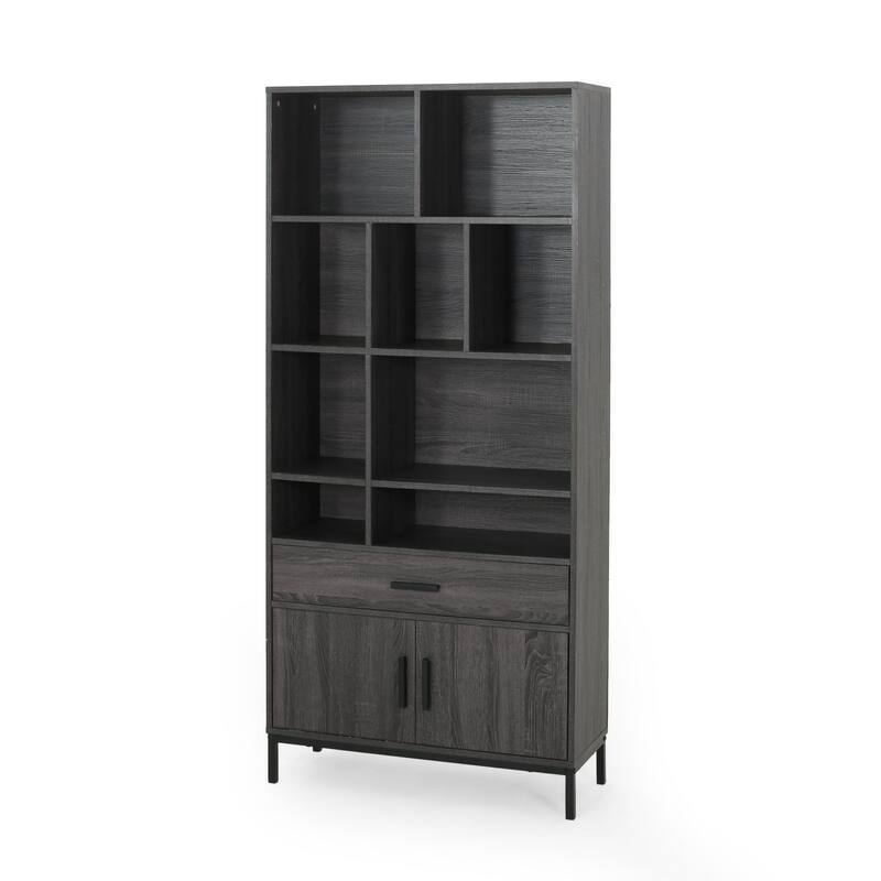 Eby Cube Bookcase, 9 Storage Spaces, Drawer, Cabinet 67 Inch Dark Gray