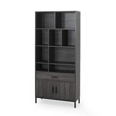 Eby Cube Bookcase, 9 Storage Spaces, Drawer, Cabinet 67 Inch Dark Gray