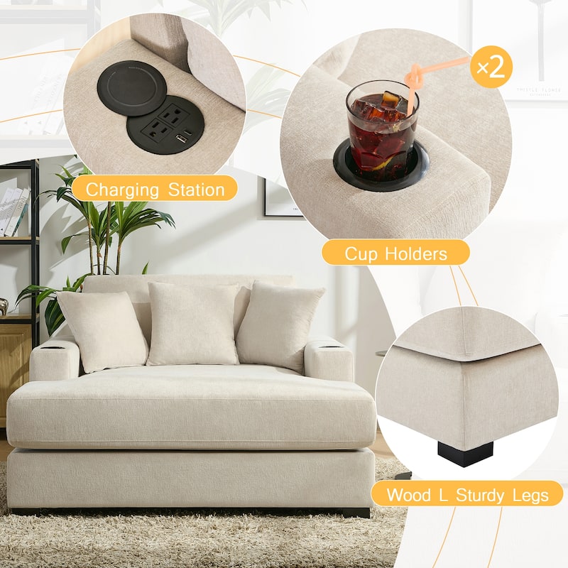 Oversized Chaise Lounger Modern Sofa Couch with Pillows, Charge Station & Cup Holders